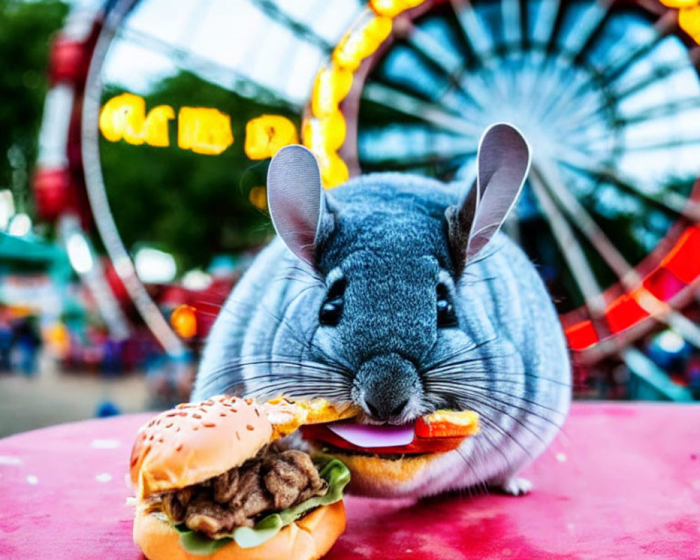 Chinchilla body merged with hamburger in amusement park setting