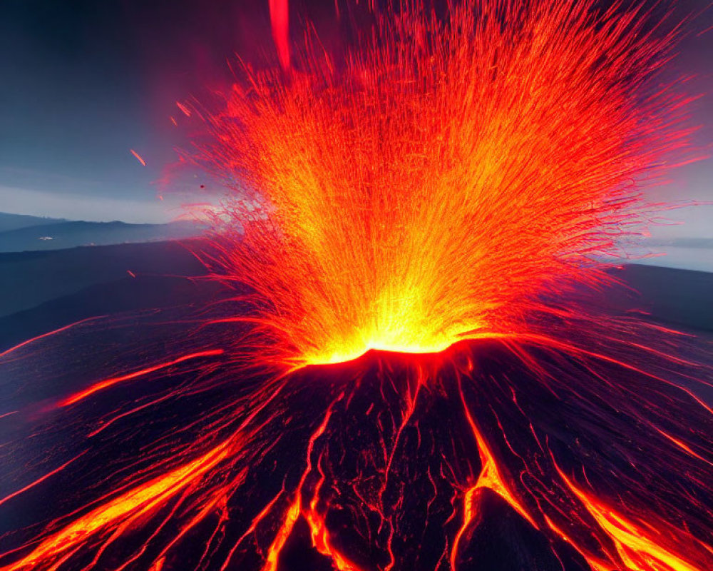 Bright lava spewing in nighttime volcanic eruption