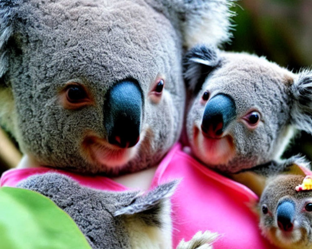 Two snuggling koalas, one with open mouth, in foreground.