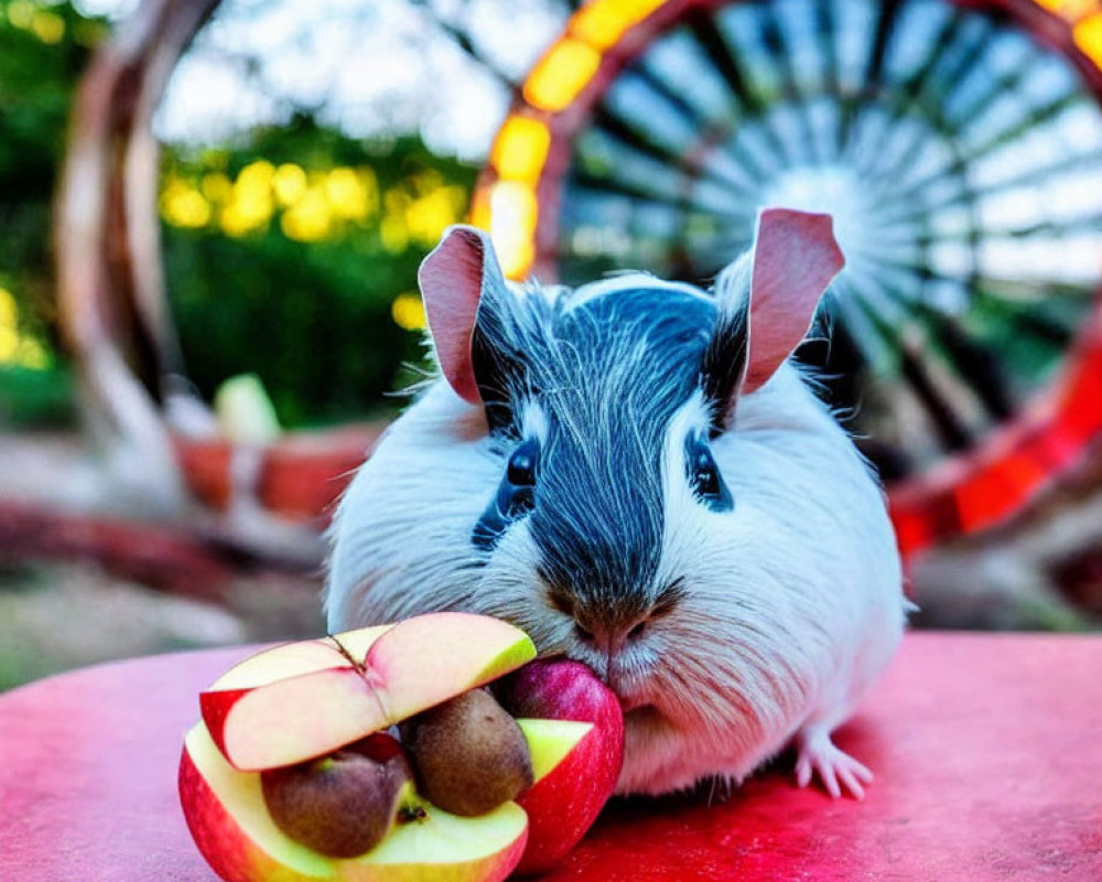 Guinea Pig with Sliced Apple and Blurred Ferris Wheel