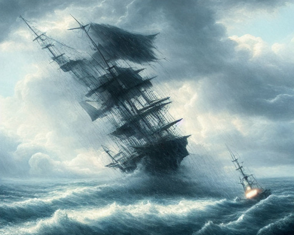 Stormy seas with two sailing ships in dark clouds