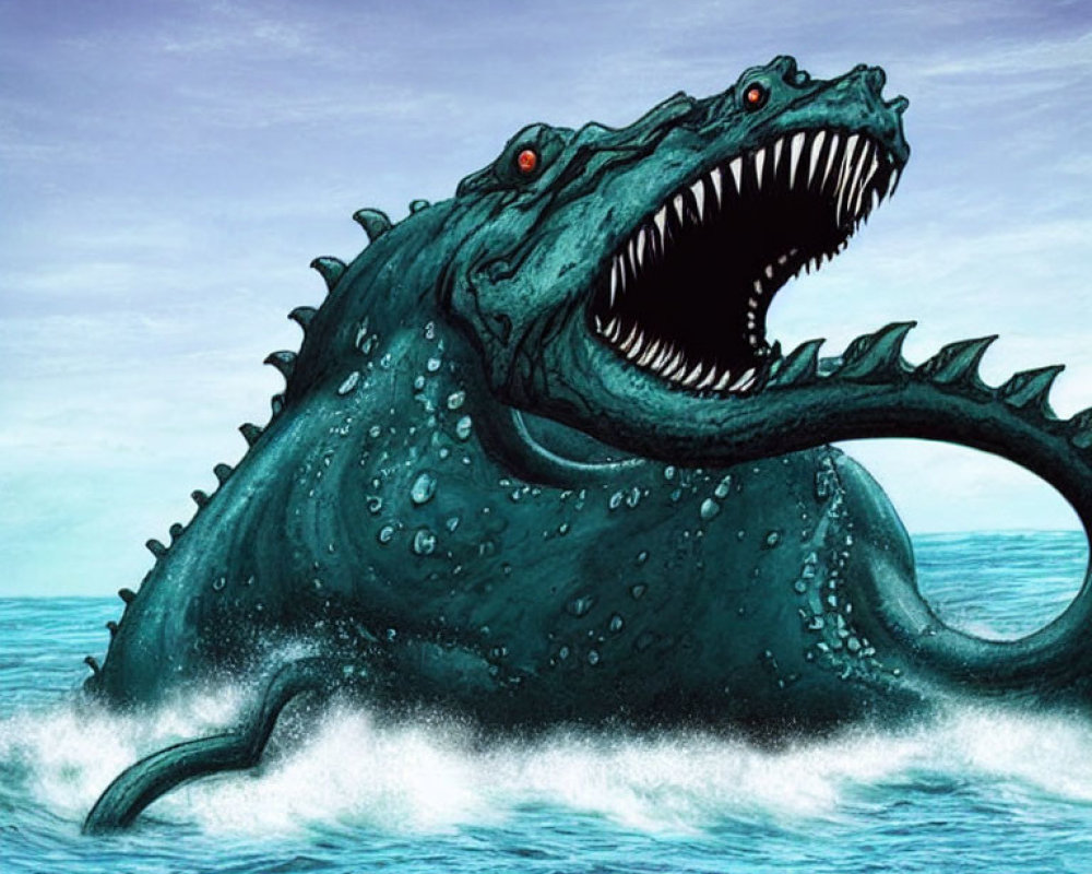 Dark-scaled sea monster with sharp teeth and red eyes emerging from ocean