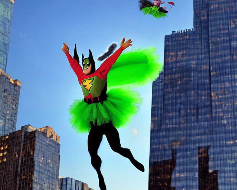 Humorous Batman and Witch Costumes Flying Over Cityscape