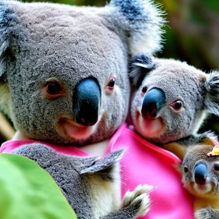 Two snuggling koalas, one with open mouth, in foreground.