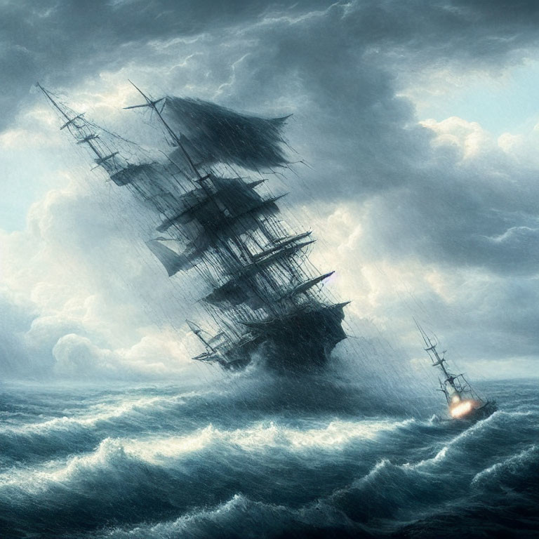 Stormy seas with two sailing ships in dark clouds