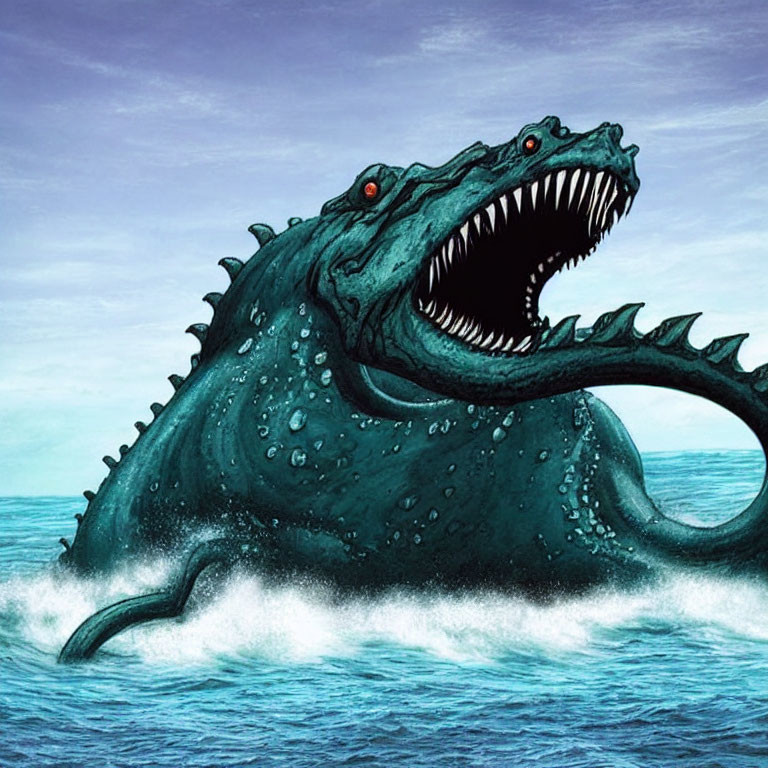 Dark-scaled sea monster with sharp teeth and red eyes emerging from ocean