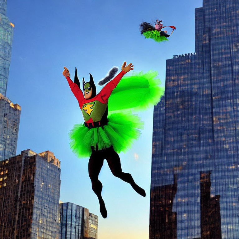 Humorous Batman and Witch Costumes Flying Over Cityscape