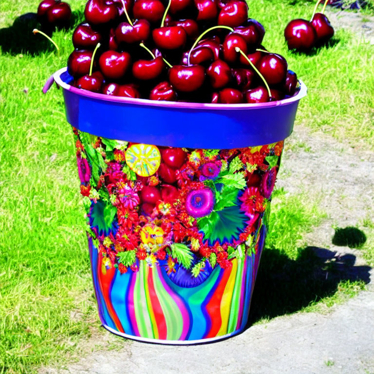 Colorful Bucket of Red Cherries on Green Grass