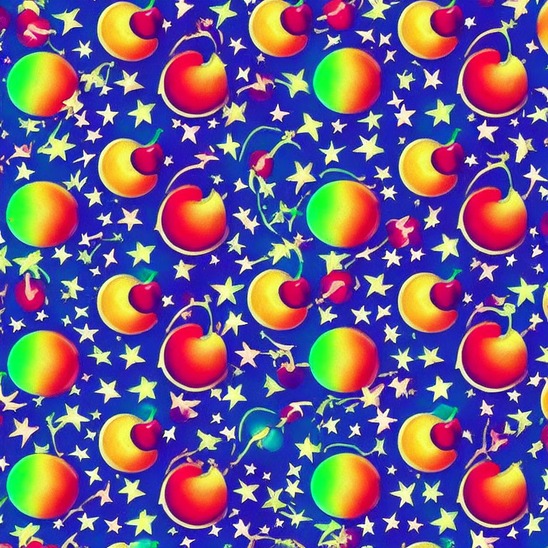 Colorful Cherry, Peach, and Star Pattern on Vibrant Blue Background