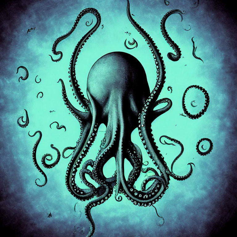 Octopus Artwork with Extended Tentacles on Turquoise Background