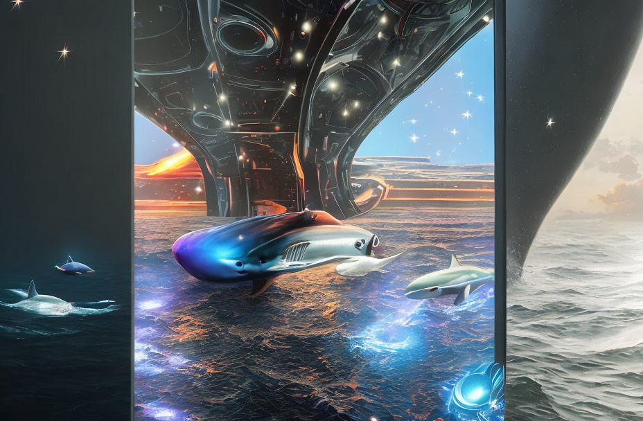 Futuristic scene: Space creatures near spaceship in celestial ocean