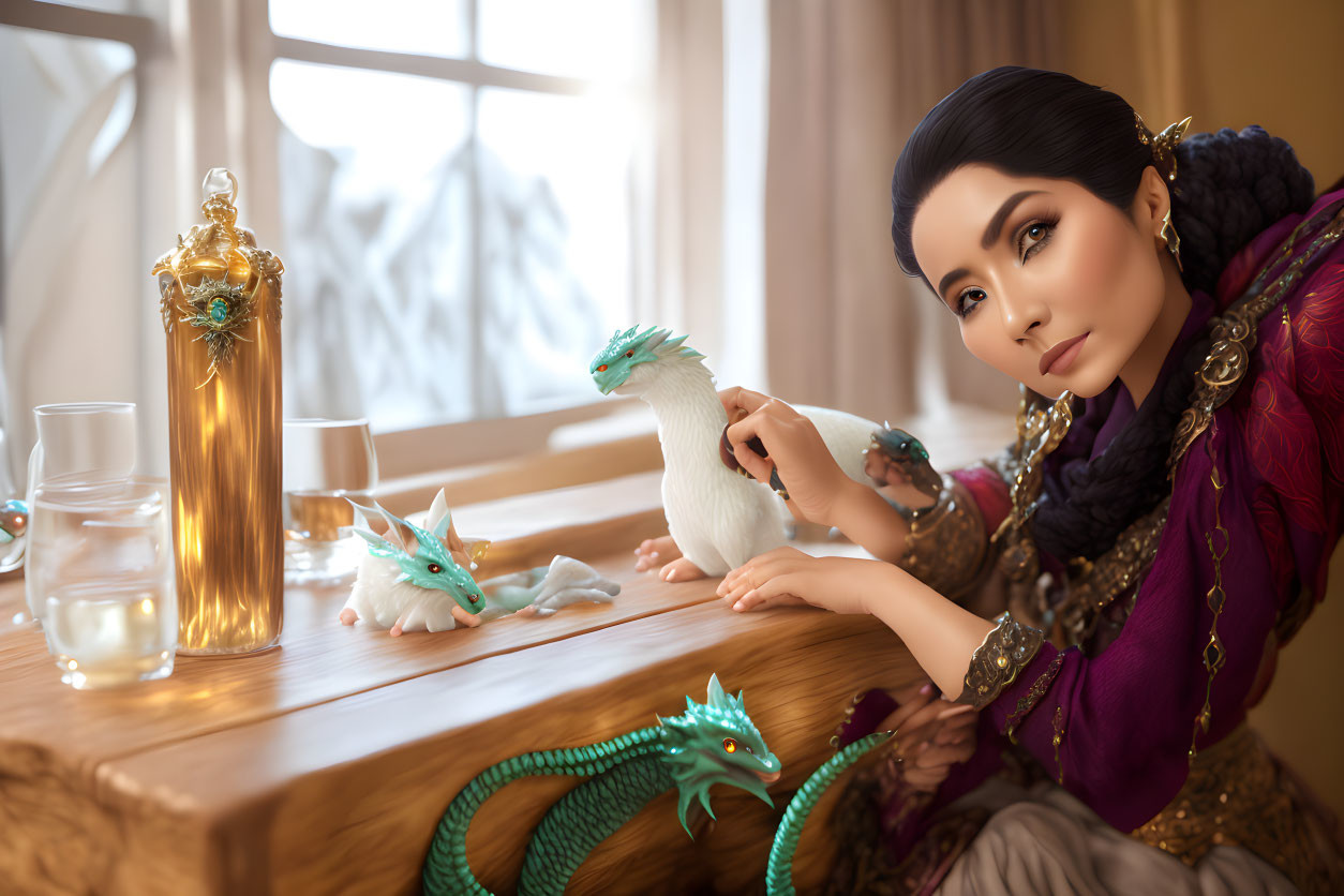 Medieval-inspired woman with white dragons on wooden table by window