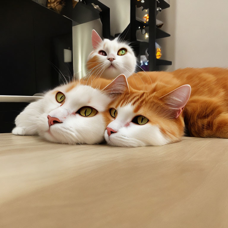 Three cats with striking eyes lying close together in a peaceful moment.