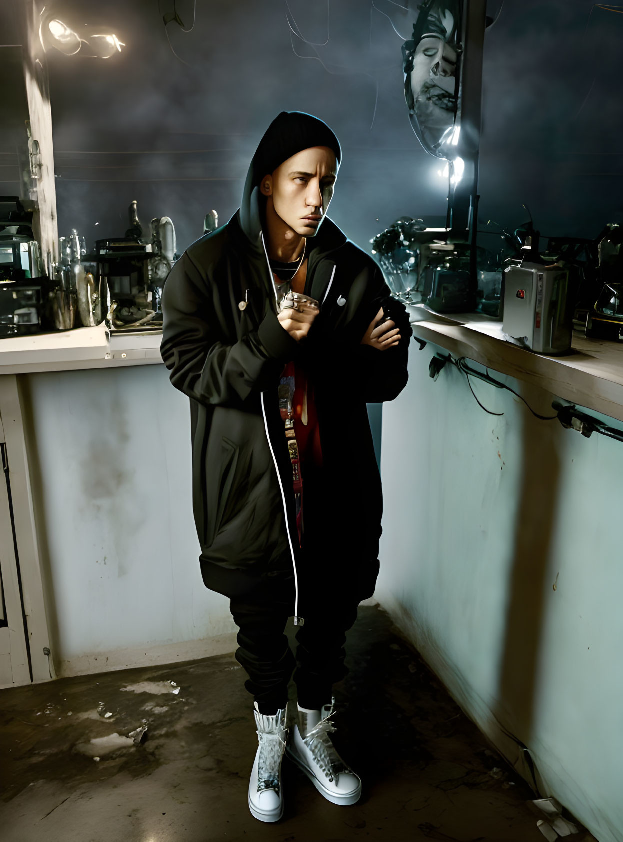 Person in Hooded Jacket and High-Top Sneakers in Dimly Lit Room with Glassware Holding