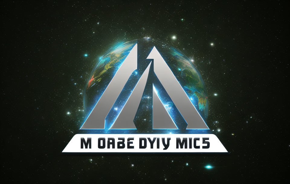 Stylized logo with letter "M" and mirrored geometric shapes on vibrant Earth and space backdrop