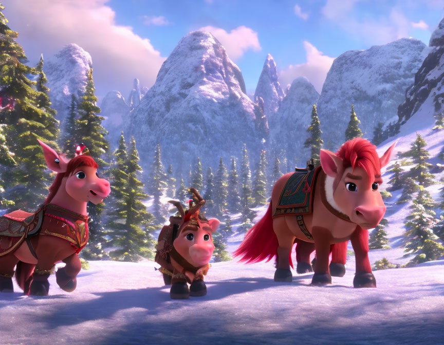 Three Animated Horses in Snowy Mountain Scene