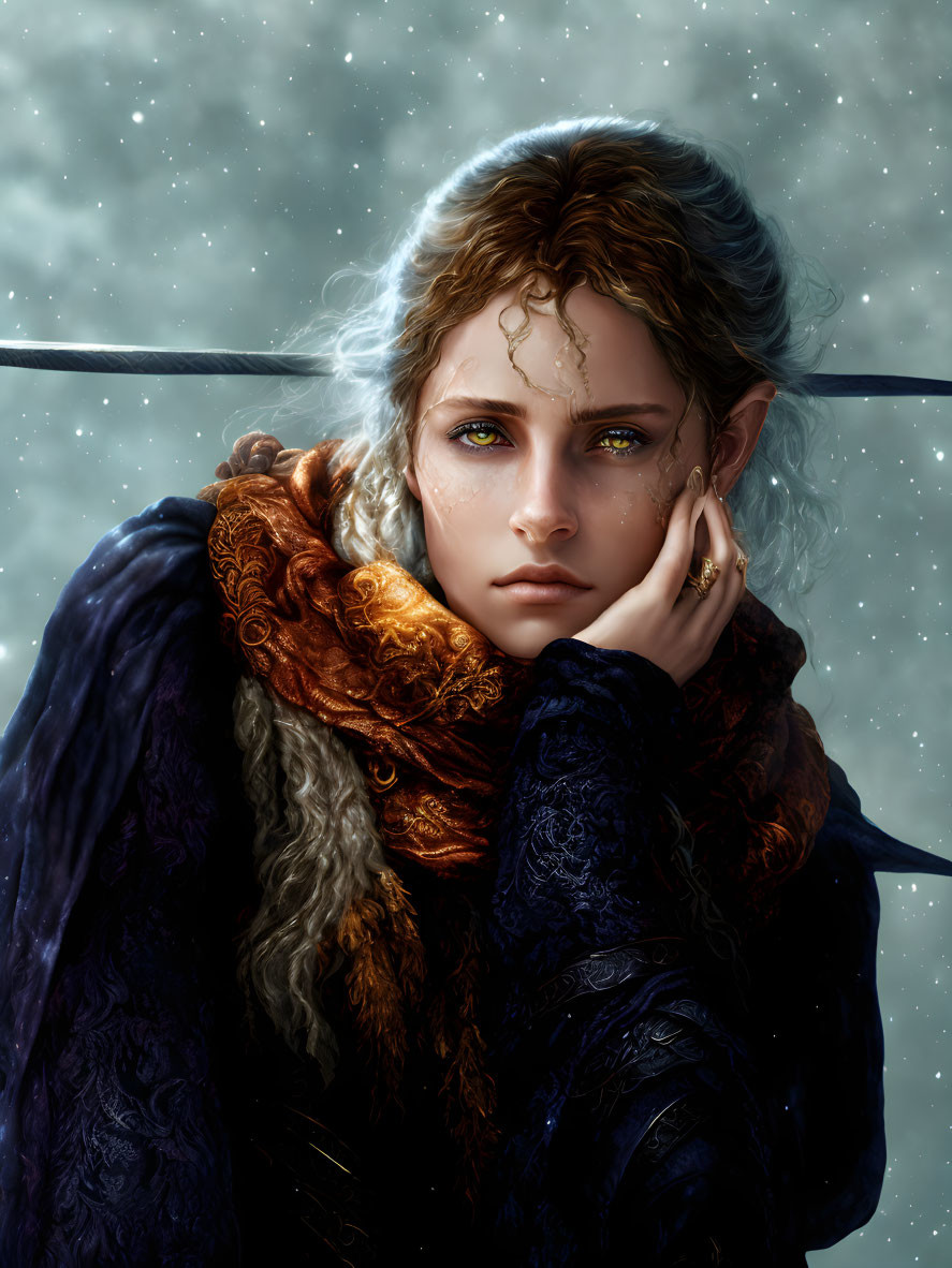 Digital portrait of pensive woman with blonde hair, golden face embellishment, blue cloak, orange scarf