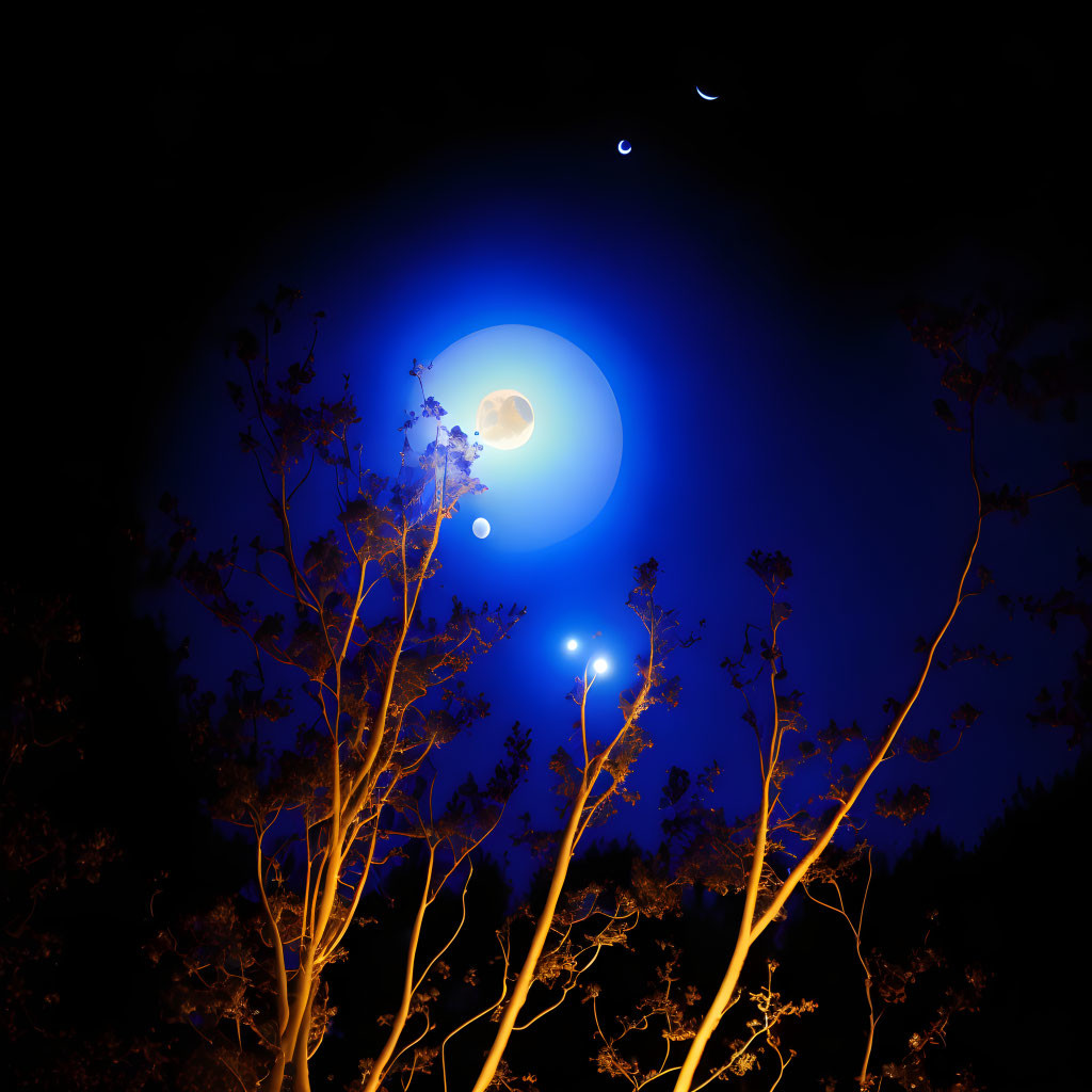 Surreal night scene with large moon and silhouetted trees