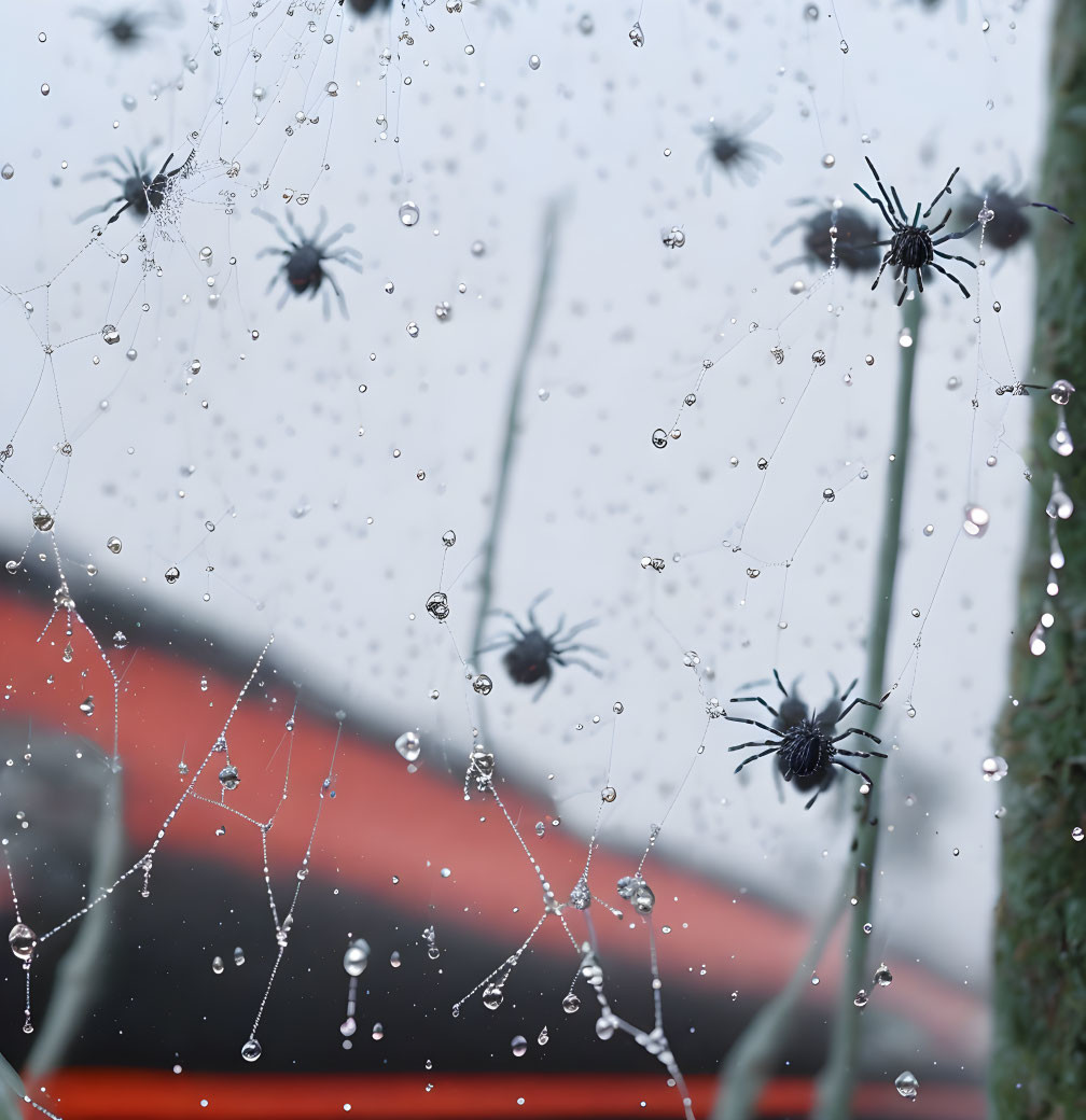 Macro shot of water droplets on spider web with spiders, red backdrop.