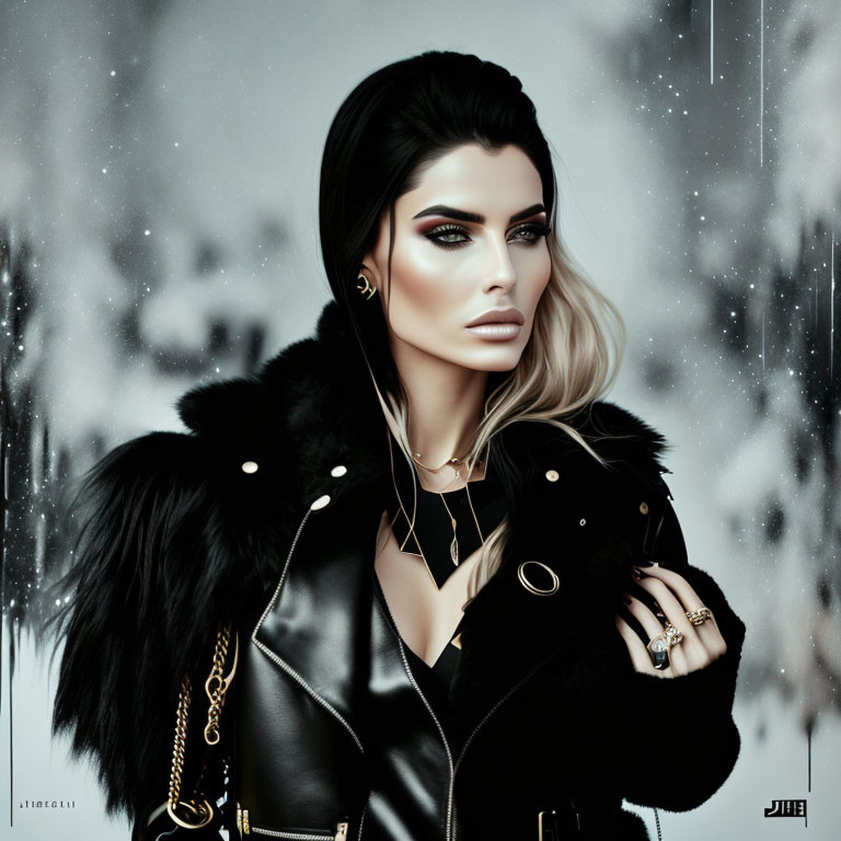 Stylized Woman with Makeup in Black Attire on Snowy Background