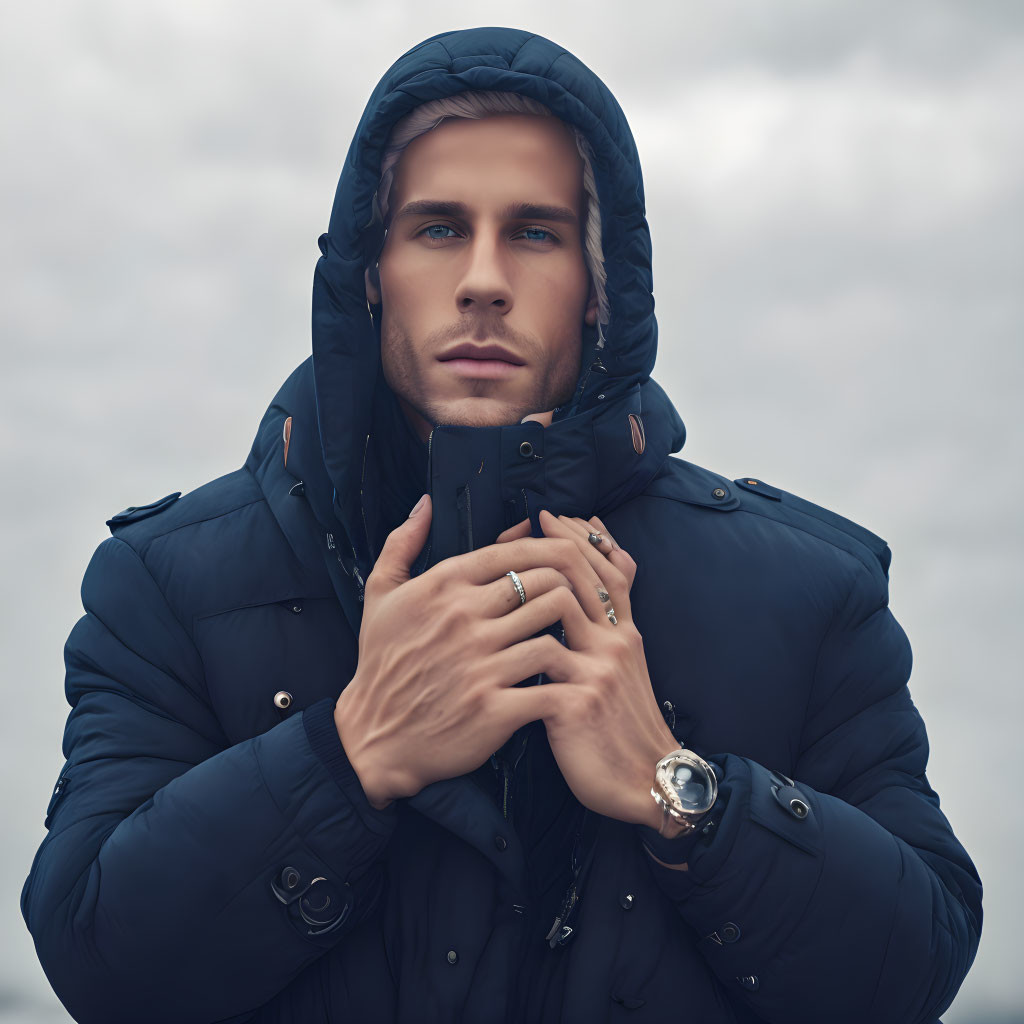 Blue-eyed man in dark hooded jacket poses with serious expression against cloudy sky