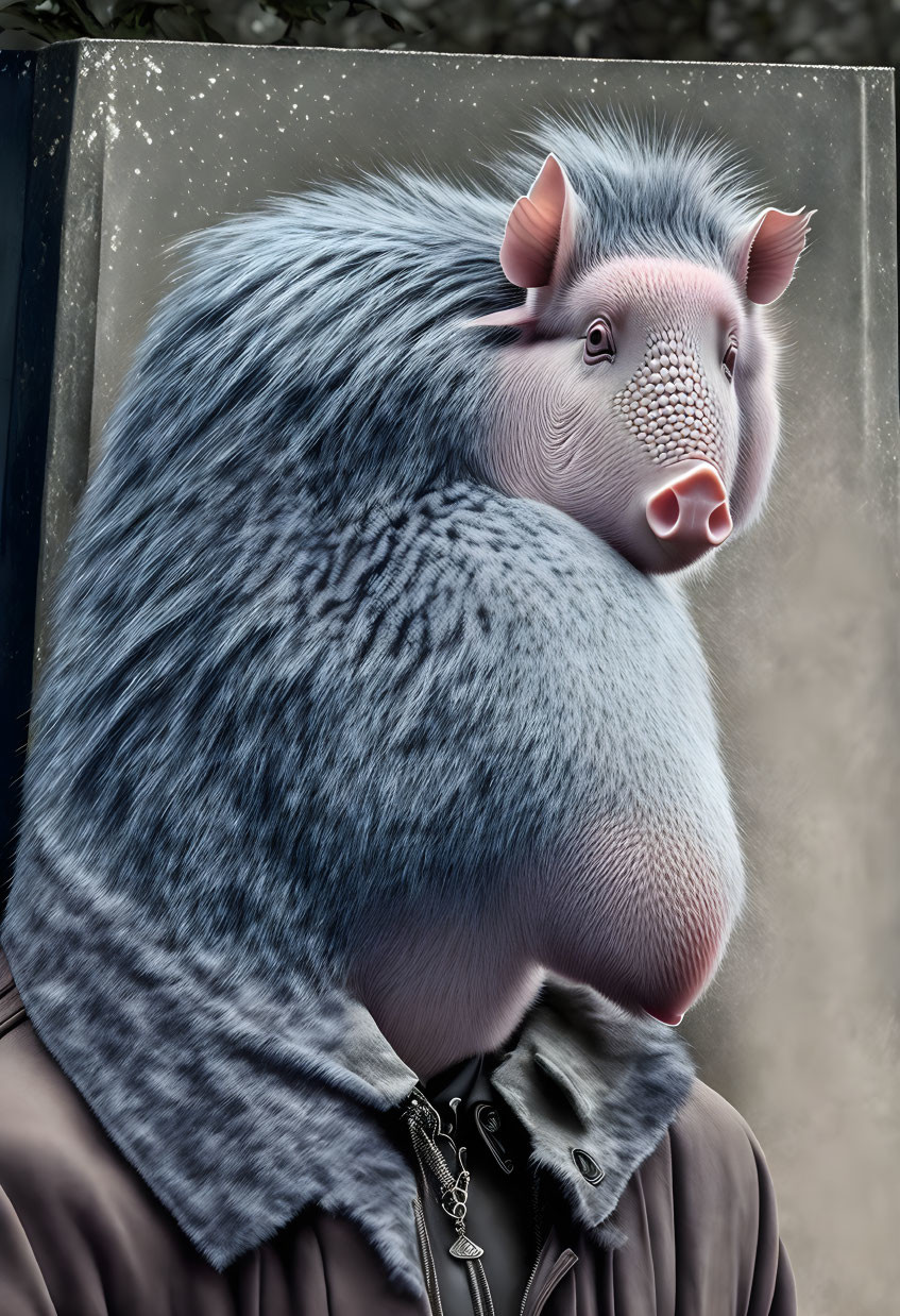 Surreal anthropomorphic creature with babirusa head in zipped jacket against mottled background