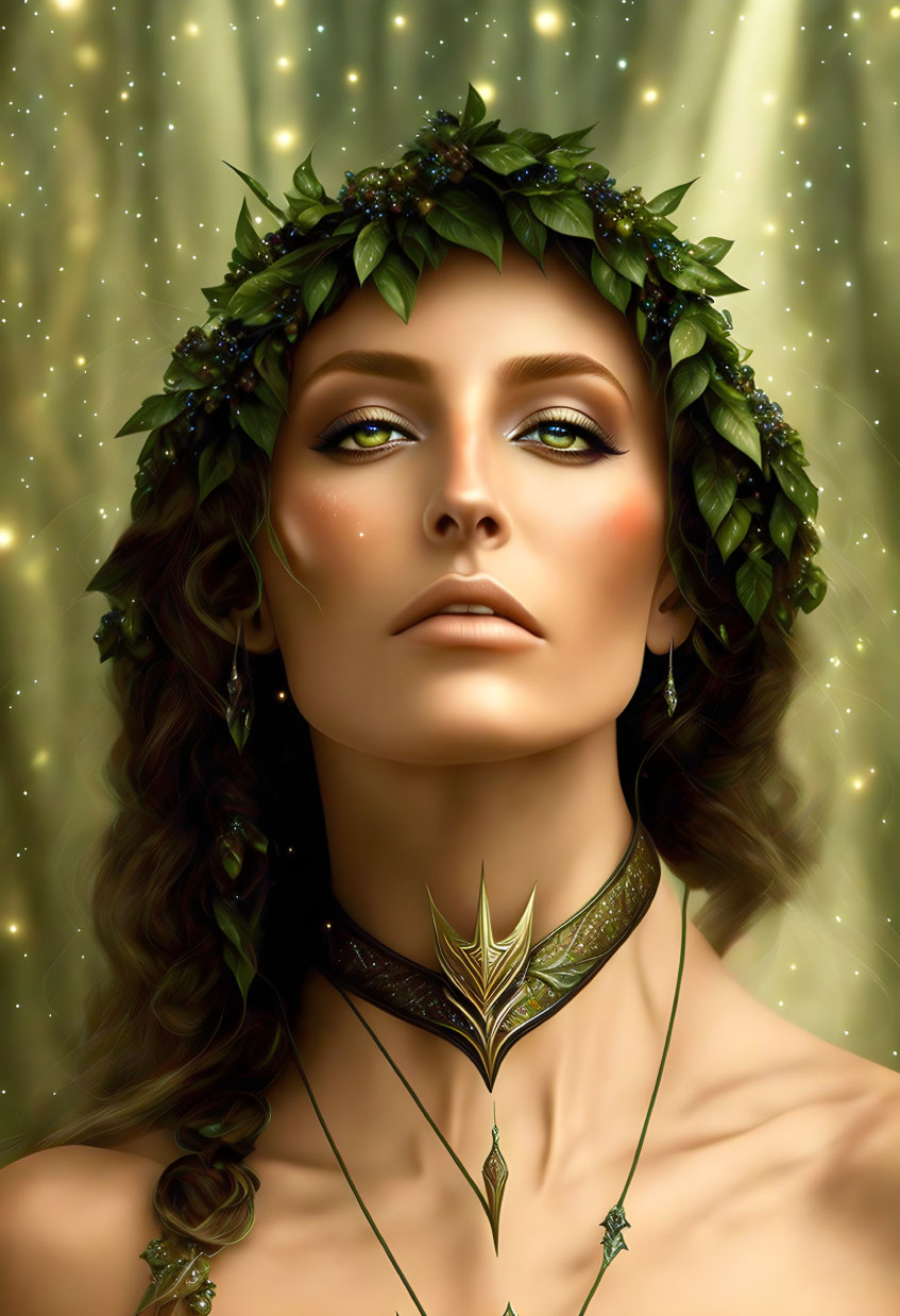 Digital Artwork: Woman with Green Eyes and Leaf Crown on Golden Background