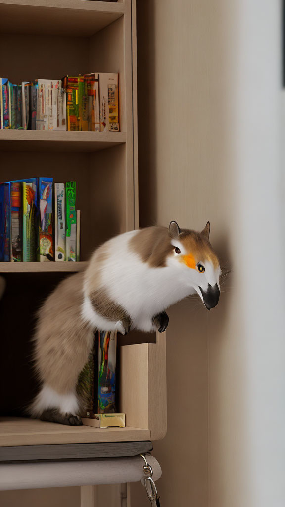 Fluffy-tailed antelope squirrel hybrid on shelf beside bookcase