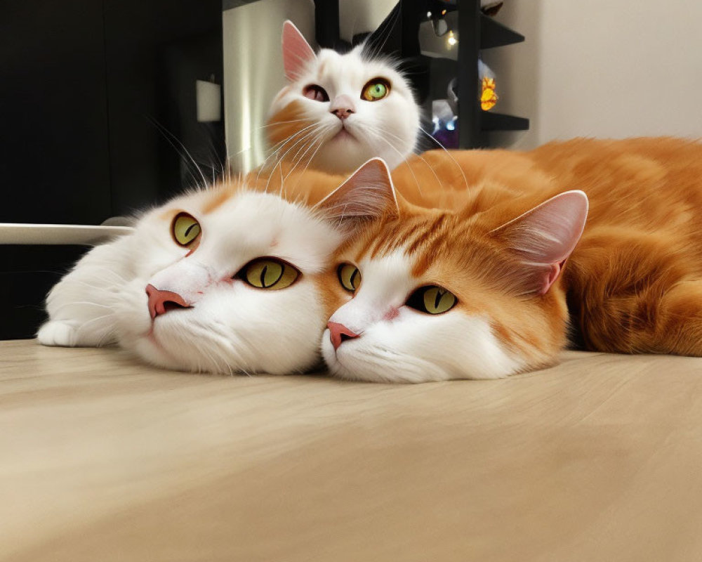 Three cats with striking eyes lying close together in a peaceful moment.