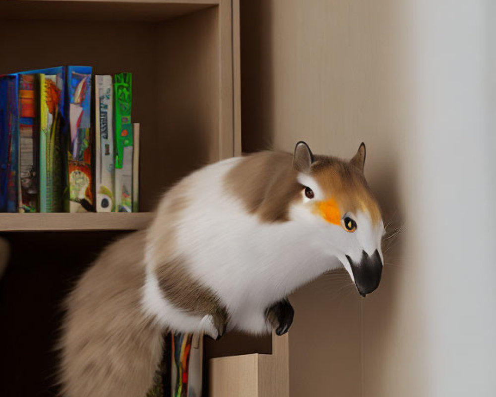 Fluffy-tailed antelope squirrel hybrid on shelf beside bookcase