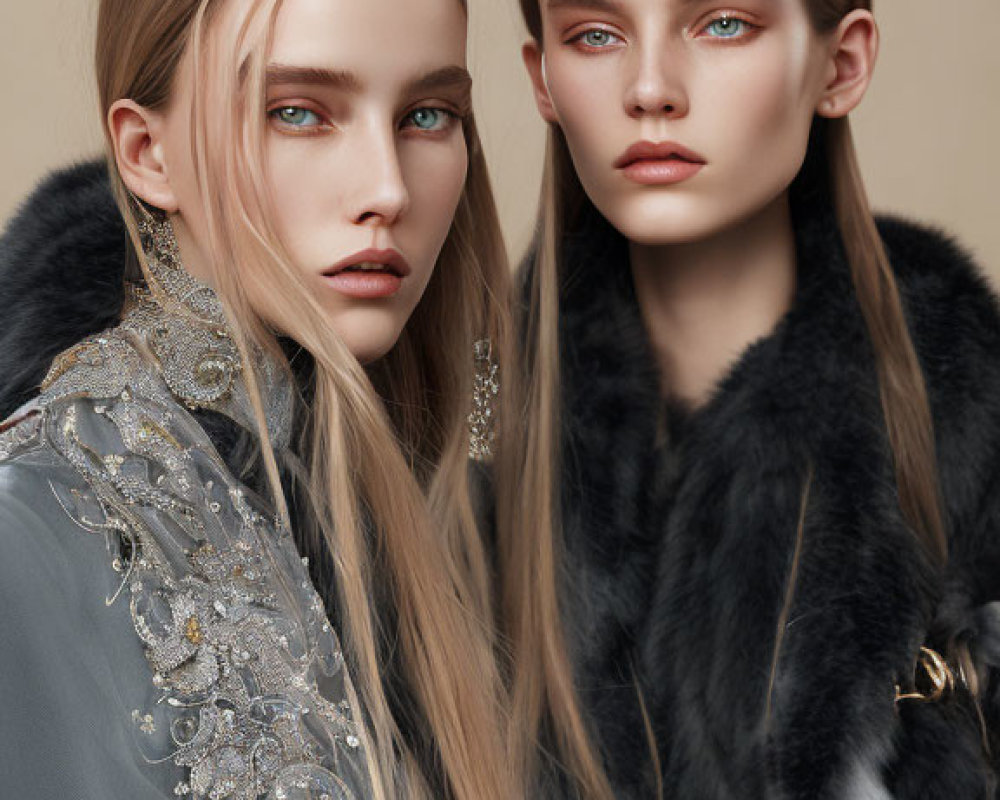 Two Women with Striking Blue Eyes and Long Straight Hair in Luxurious Fur Coats