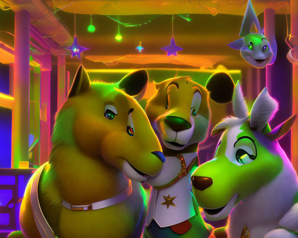 Colorful Animated Canine Characters in Vibrant Neon Setting