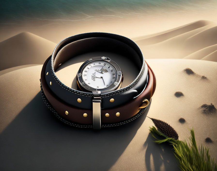 White Dial Watch on Leather Strap Resting on Desert Surface