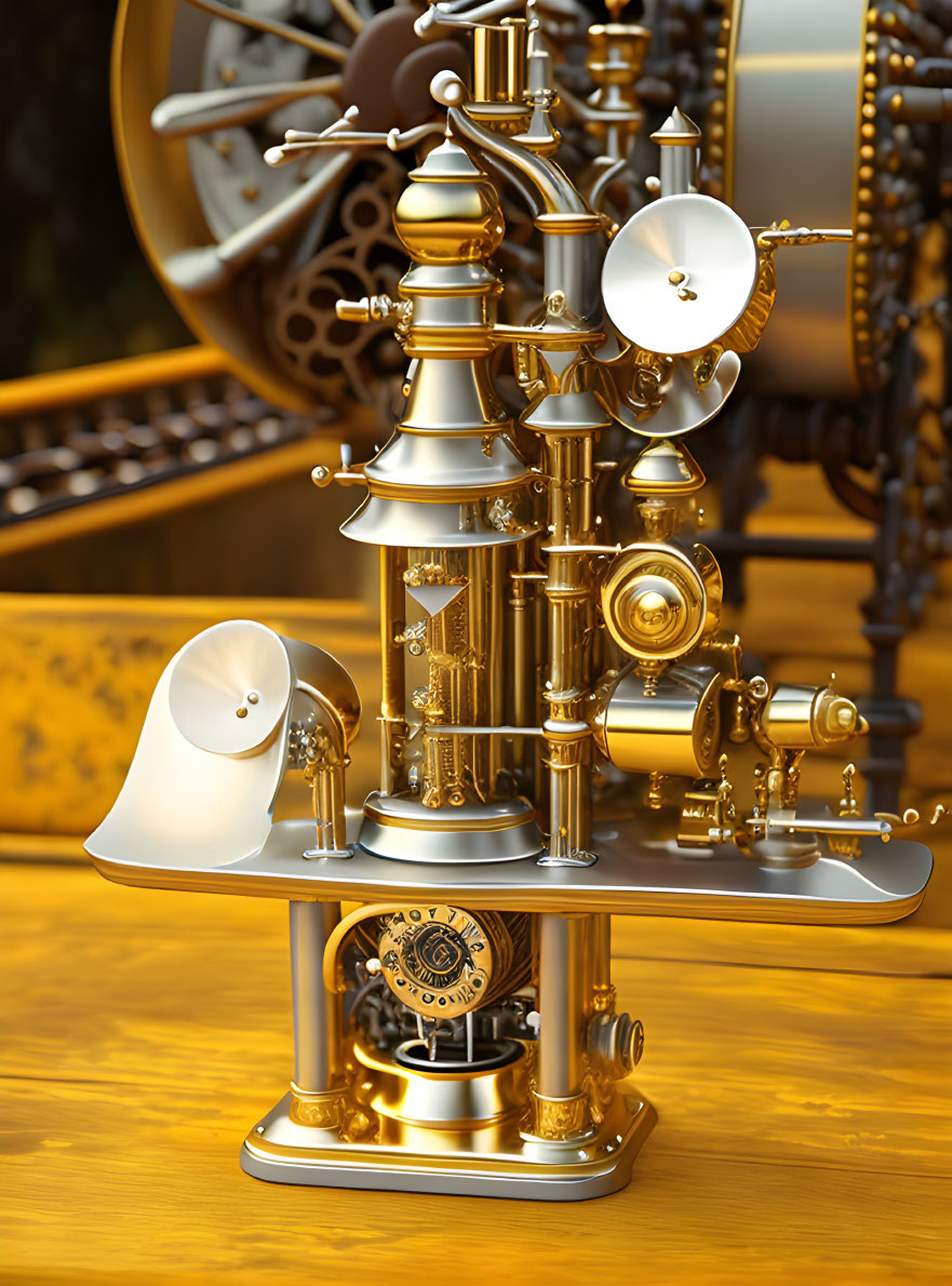 Detailed Gold Steampunk Machinery with Gears, Pipes, and Clock