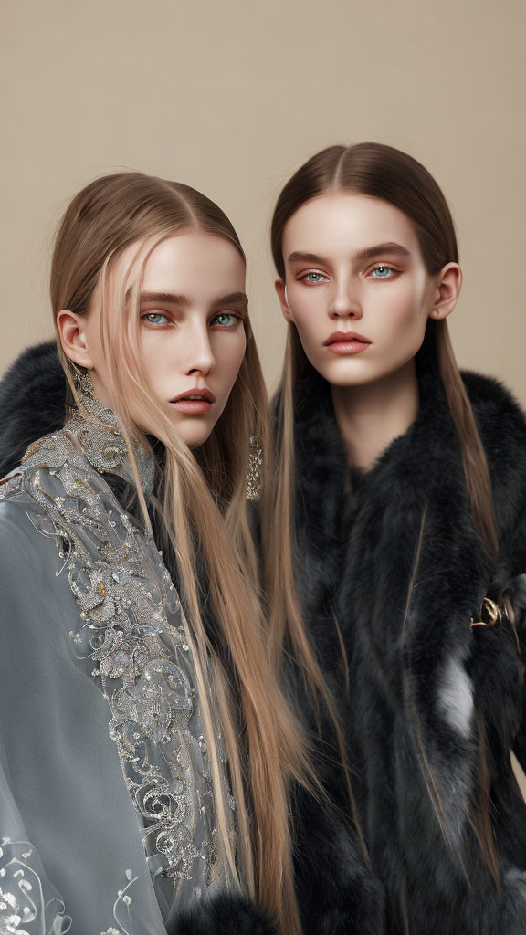 Two Women with Striking Blue Eyes and Long Straight Hair in Luxurious Fur Coats