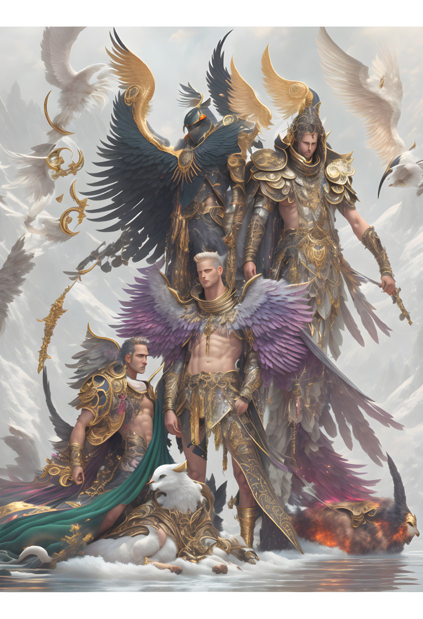 Three majestic angelic warriors in ornate armor with wings, doves, white wolf, and phoenix