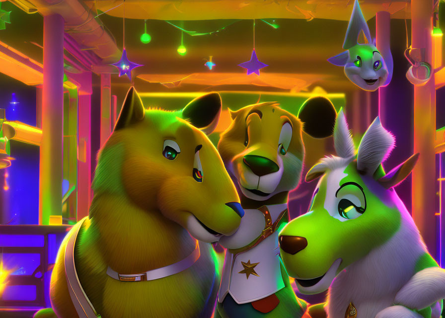 Colorful Animated Canine Characters in Vibrant Neon Setting