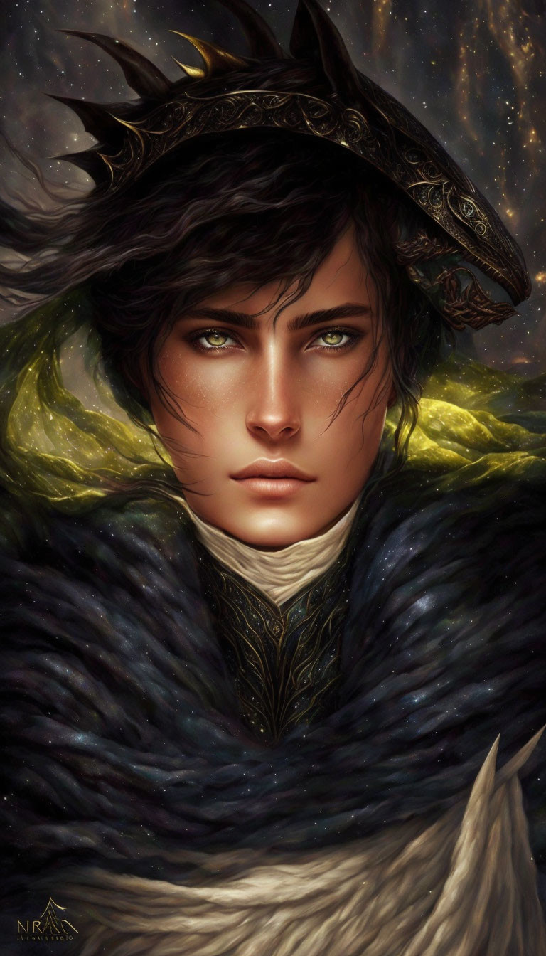 Fantasy portrait with dragon-like helmet and detailed collar on starry night backdrop