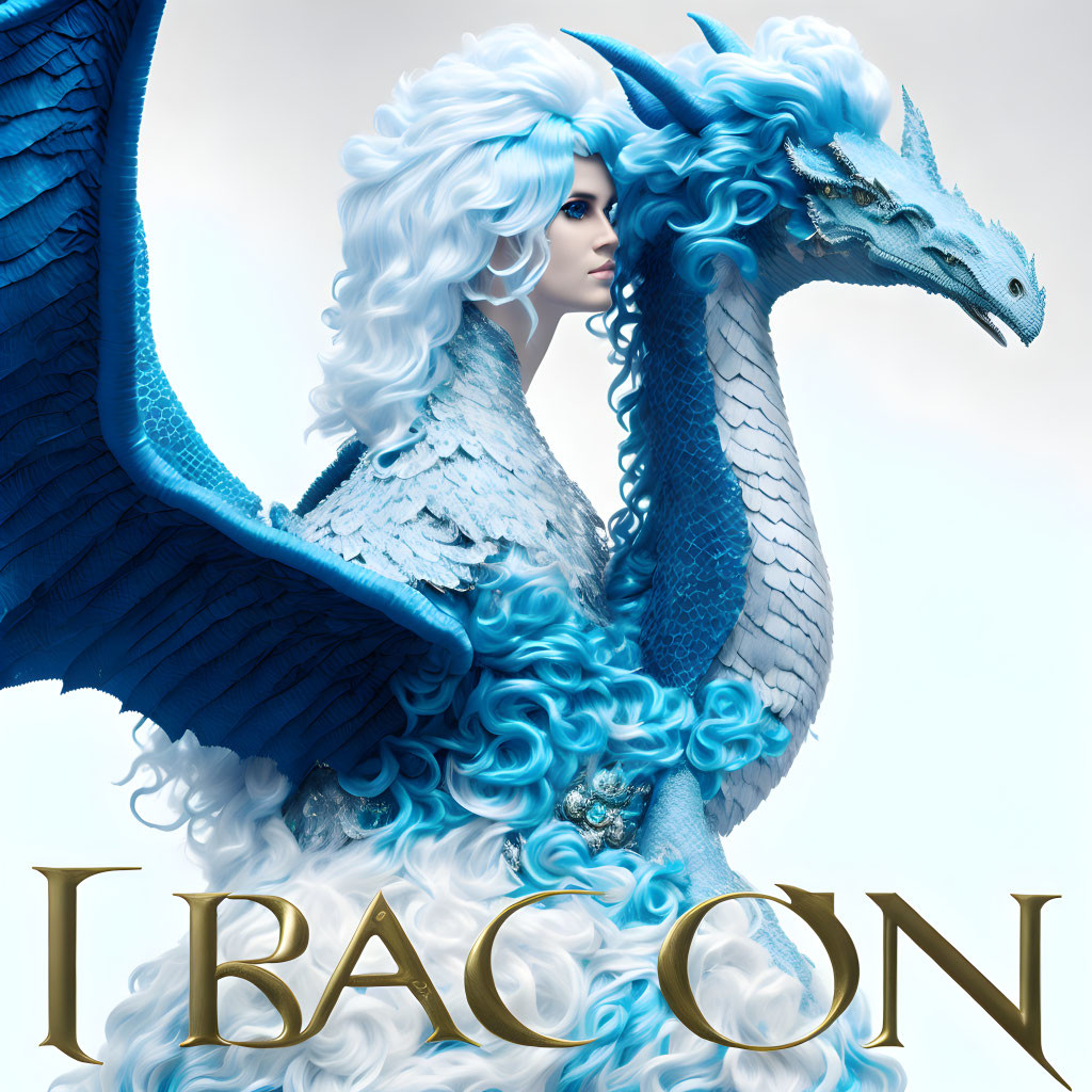 Fantasy illustration of person with blue and white attire and hair next to majestic blue dragon under word 