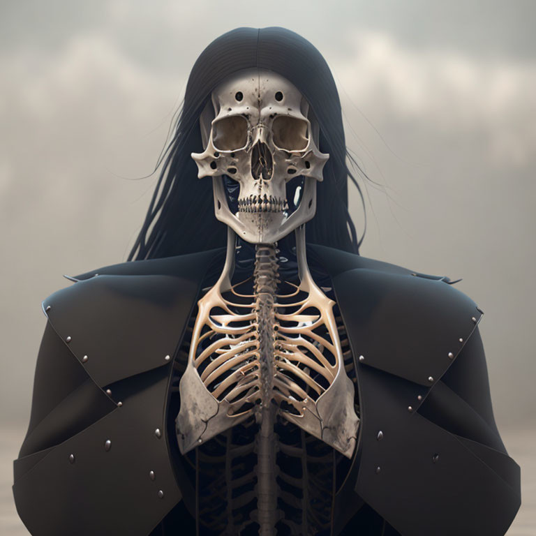 Digital artwork of figure with skeleton head in structured coat