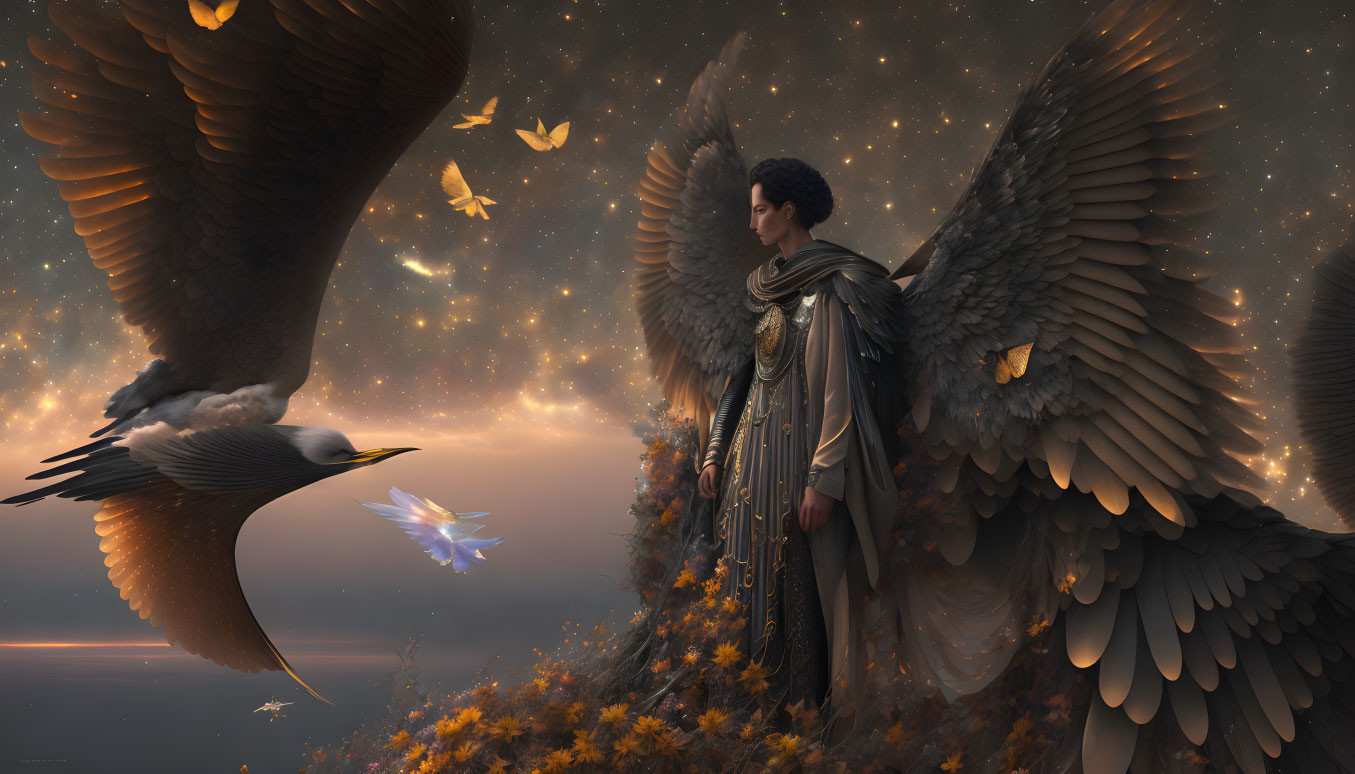 Celestial figure with wings in twilight scene surrounded by birds and butterflies