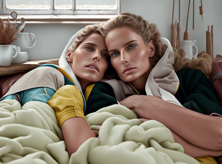 Two women in cozy attire lounging intimately with a chunky knit blanket.