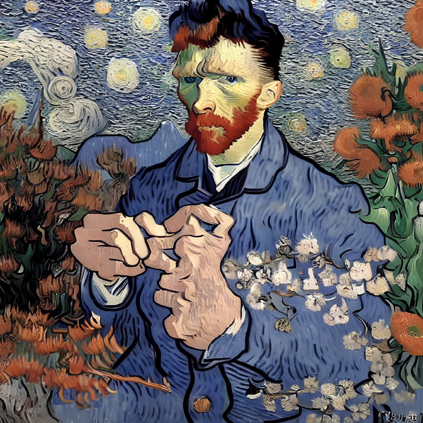 Stylized portrait of bearded man in blue coat with swirling post-impressionistic patterns