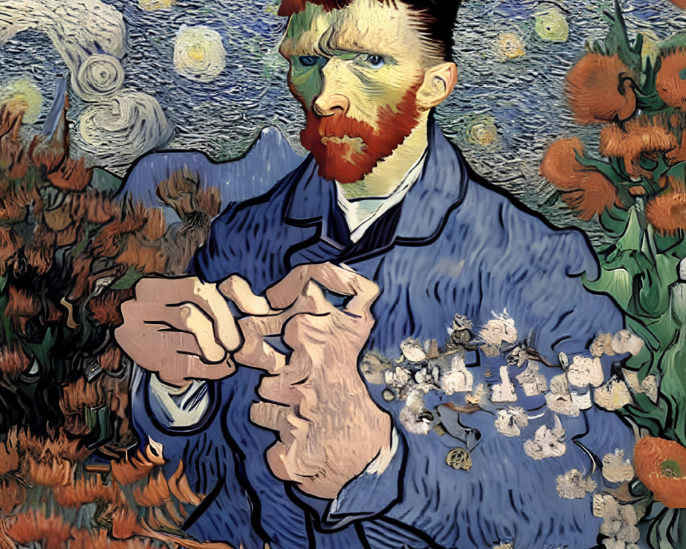 Stylized portrait of bearded man in blue coat with swirling post-impressionistic patterns