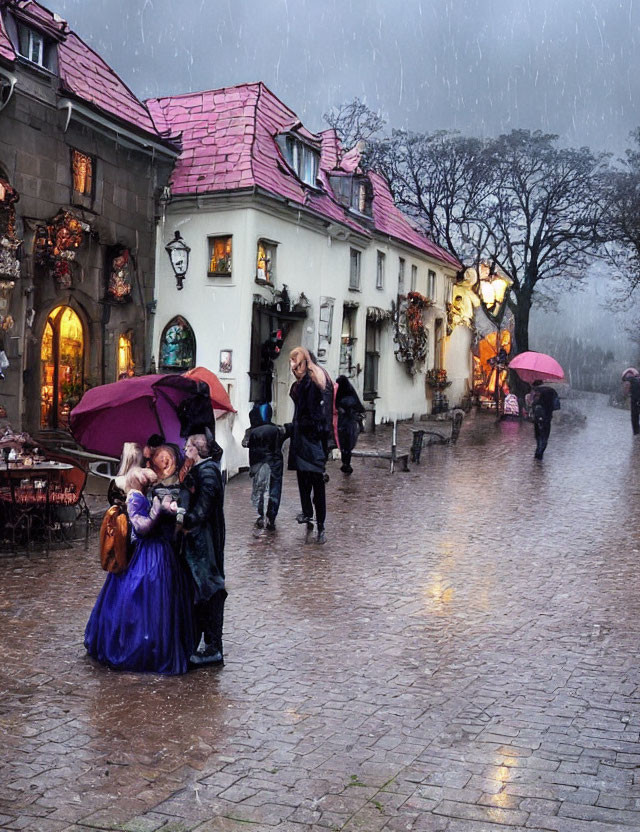 Rainy cobblestone street with people and umbrellas near illuminated shop