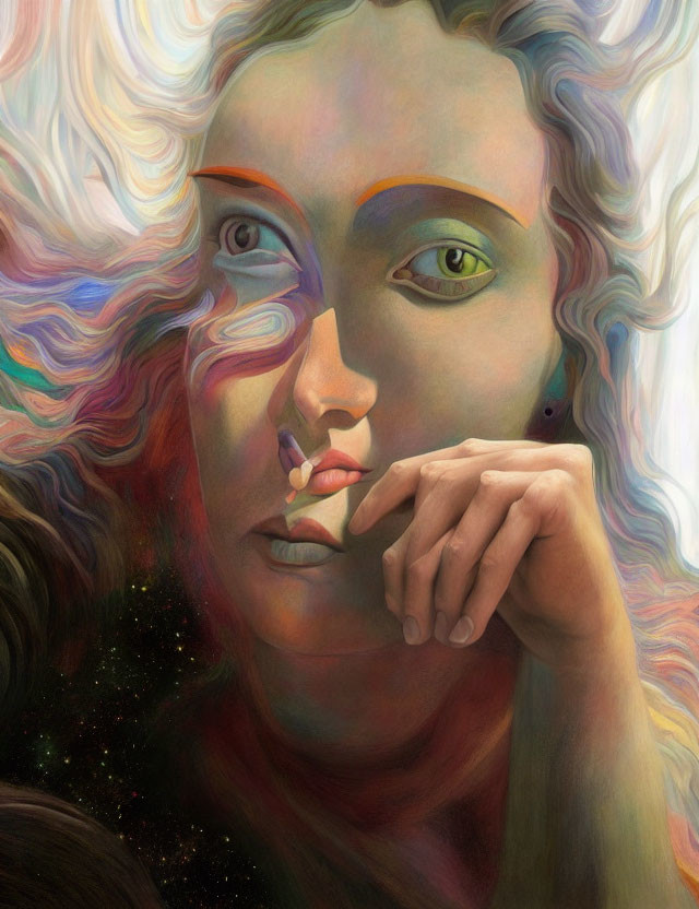 Multicolored surreal portrait with wavy textures and space-like elements.