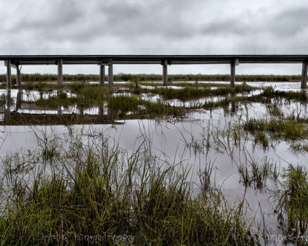 Wooden Boardwalk Over Marshy Field Reflecting in Water Under Cloudy Sky