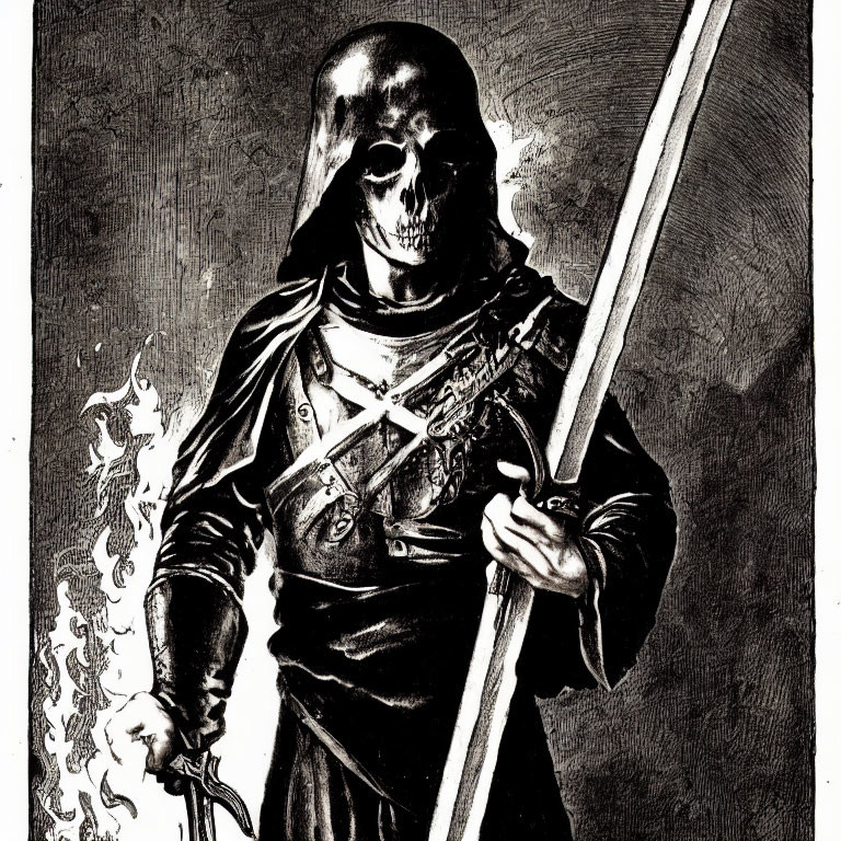 Monochrome skeletal figure in hooded cloak with flaming scythe