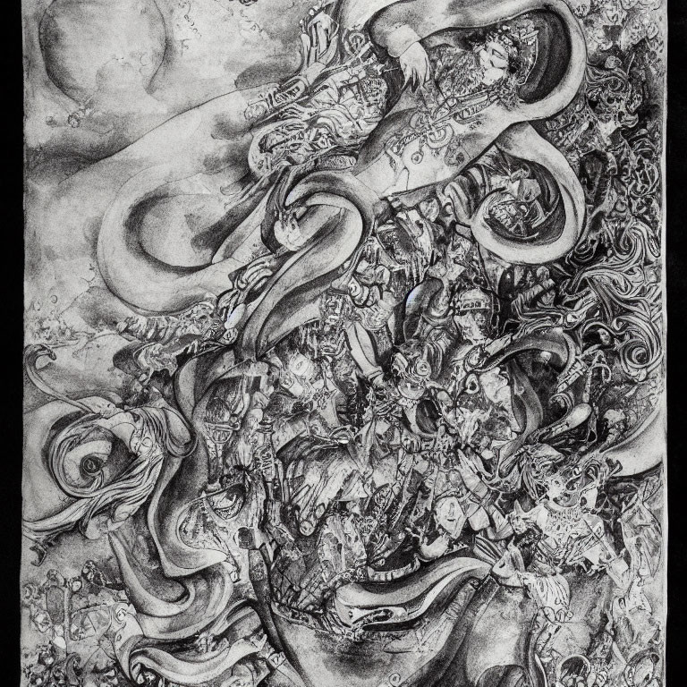 Detailed black-and-white sketch of mythical creatures in a tumultuous scene.