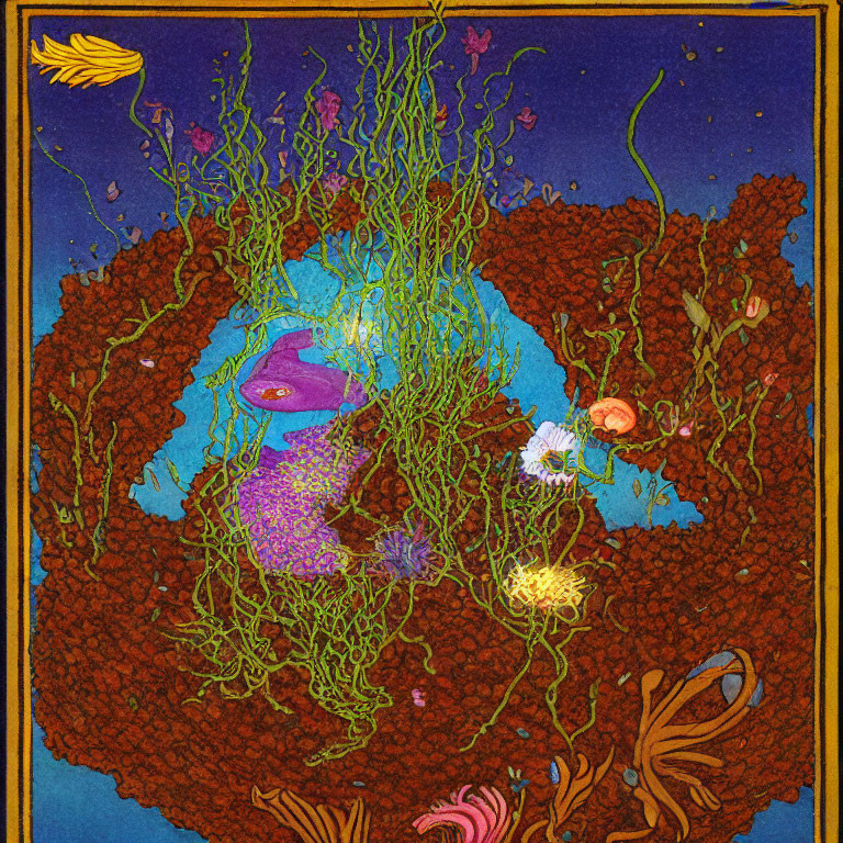 Colorful Underwater Fish Scene with Coral and Seaweed in Vintage Style